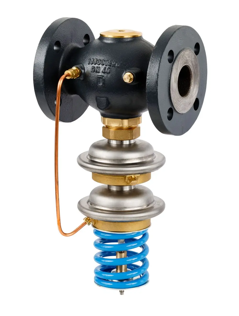 Sicherheitsabsperrventil von Danfoss mit zwei Flanschen, einer blauen Druckfeder und einer Kupferleitung, geeignet für Druckbereiche von 2-8 bar.